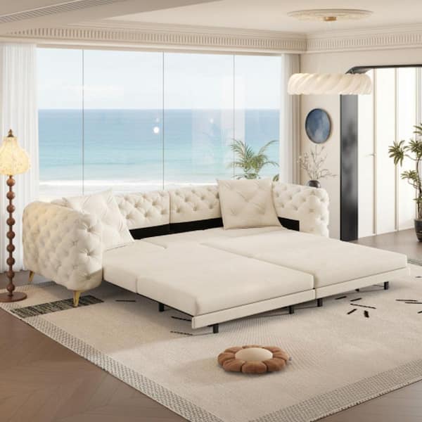 OKCF 97.7 in. Ivory Beige Velvet King Size 3-in-1 Convertible Tufted Sofa Bed with Movable Ottoman and Pillows