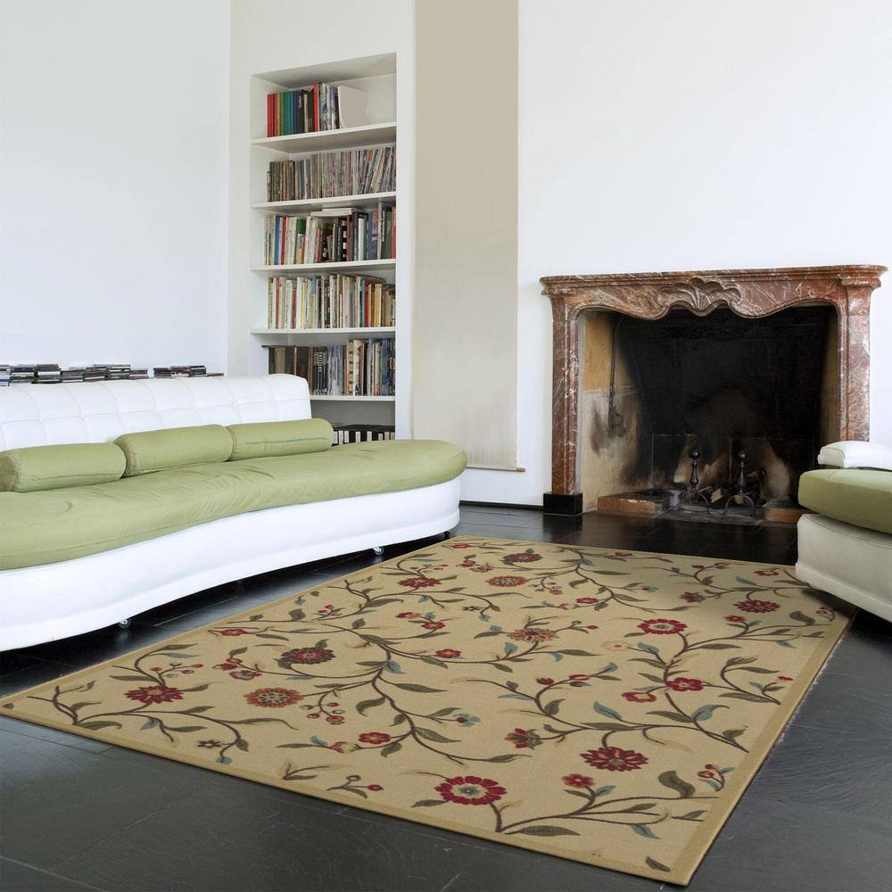 Beige Floral Leaves Design Washable Synthetic Area Rug