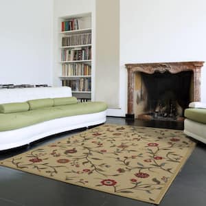 Ottohome Collection Non-Slip Rubberback Floral Leaves 3x5 Indoor Area Rug, 3 ft. 3 in. x 5 ft., Beige