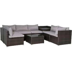 8-Piece Brown Wicker Outdoor Patio Sectional Sofa Conversation Set with Gray Cushions, 1-Storage and 1-Coffee Table
