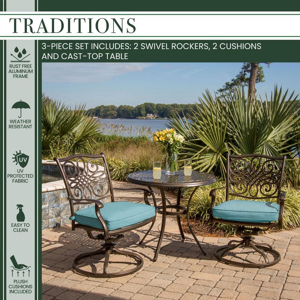 Bronze and Blue Aluminum 3-Piece Swivel Bistro Set