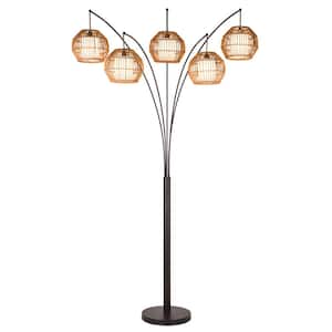 BALI 88 in. Oil Rubbed Bronze LED Arched Floor Lamp with Hancrafted Rattan Shade Dimmer