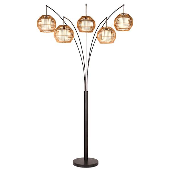 ARTIVA BALI 88 in. Oil Rubbed Bronze LED Arched Floor Lamp with Hancrafted Rattan Shade Dimmer