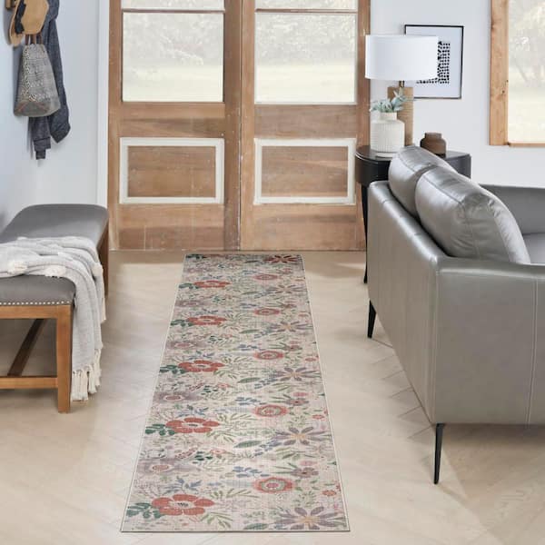 Washables Cream Multicolor 2 ft. x 10 ft. Botanical Traditional Runner Area Rug