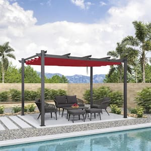 10 ft. x 13 ft. Gray Outdoor Retractable Modern Yard Metal Grape Trellis Pergola with Canopy for Garden Grill - Terra