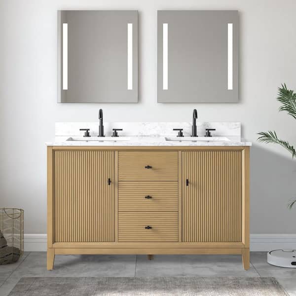 Vanity Art 54 in. W x 22 in. D Double Sink Freestanding Natural Oak Bath Vanity Cabinet with White Engineered Marble Top