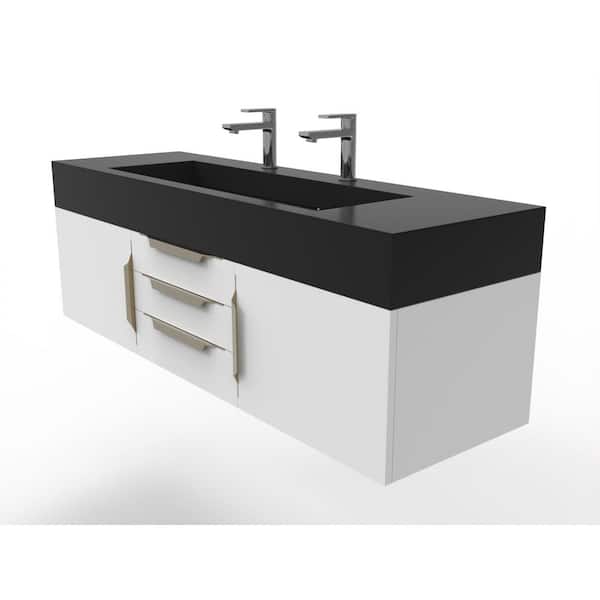 Nile 60 in. W x 19 in. D x 20 in. H Bath Vanity in Matte White with Gold Trim and Black Solid Surface Top