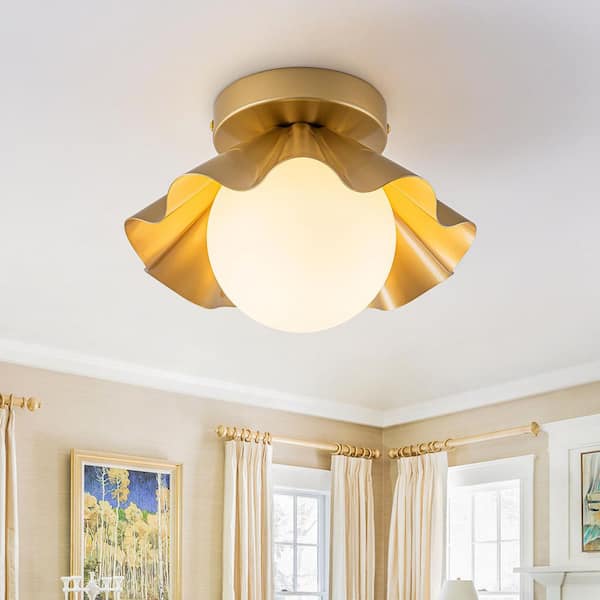 1-Light 9.1 in. Globe Brushed Brass Flush Mount with Opal Glass Shade for Bathroom Foyer Kitchen Kitchen Room