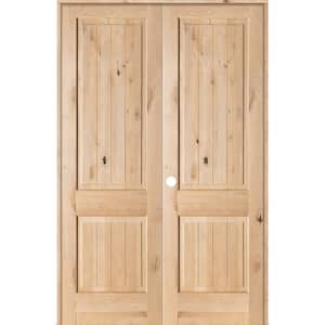 56 in. x 96 in. Rustic Knotty Alder 2-Panel Sq-Top w.VG Right Hand Solid Core Wood Double Prehung Interior French Door