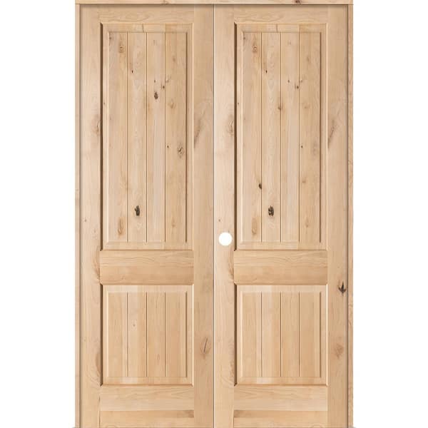Krosswood Doors 56 in. x 96 in. Rustic Knotty Alder 2-Panel Sq-Top w.VG Right Hand Solid Core Wood Double Prehung Interior French Door