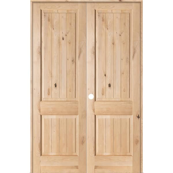 60 in. x 96 in. Rustic Knotty Alder 2-Panel Sq-Top w.VG Right Hand Solid Core Wood Double Prehung Interior French Door