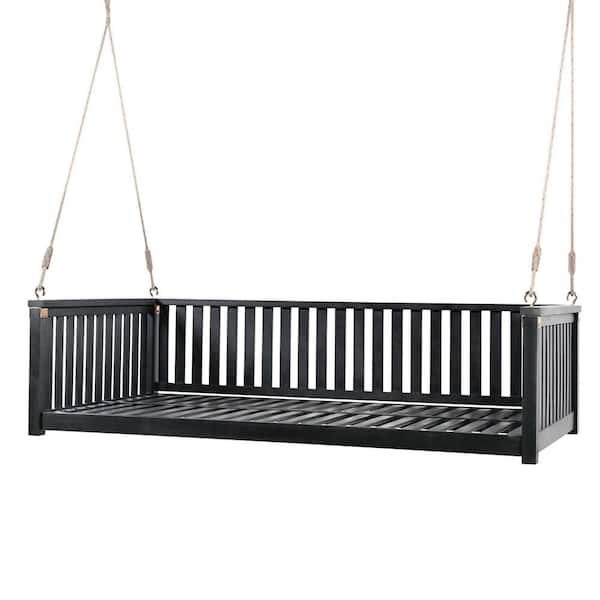 Brosnan 79.1 in. W 2-Person Black Solid Wood Patio Swing with Ropes, Twin Size Garden Swing Bed