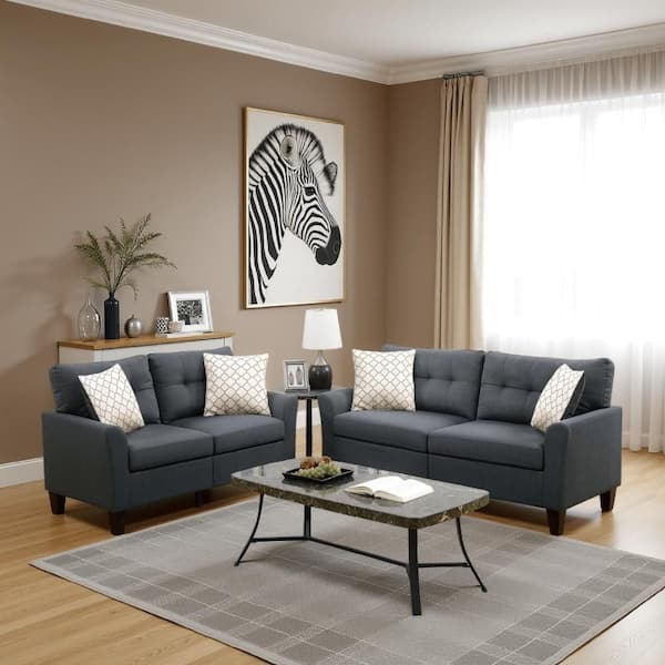 Benjara 32 in. Charcoal Gray Glossy Polyfiber 4-Seat Sofa Set with