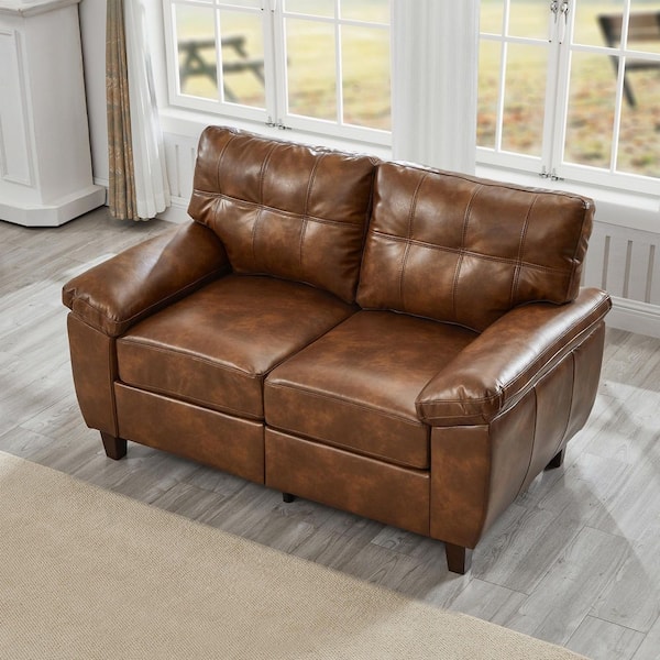 Xerlin Modern 59 in. Pillow Top Arm PU Faux Leather Upholstered Loveseat 2-Seats Storage Sofa in Brown
