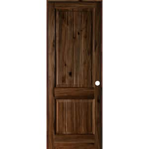 36 in. x 96 in. Knotty Alder 2 Panel Left-Hand Square Top V-Groove Provincial Stain Wood Single Prehung Interior Door