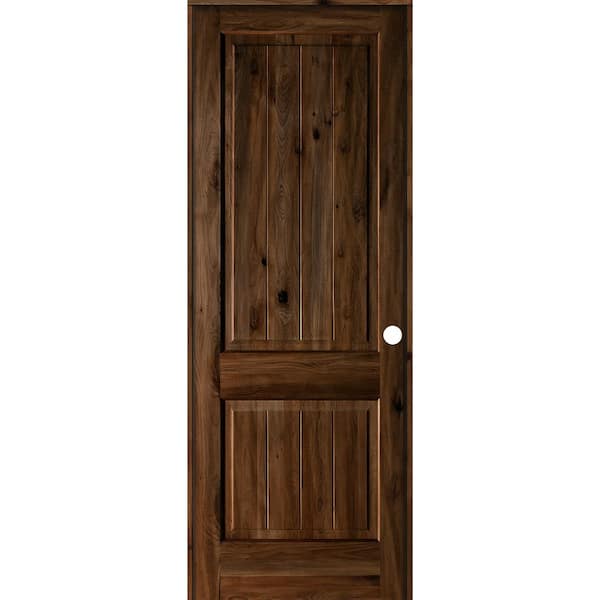 Krosswood Doors 36 in. x 96 in. Knotty Alder 2 Panel Left-Hand Square Top V-Groove Provincial Stain Wood Single Prehung Interior Door