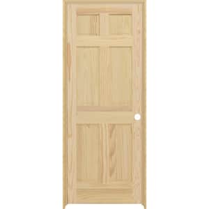 24 in. x 80 in. 6-Panel Left-Hand Unfinished Pine Wood Single Prehung Interior Door with Nickel Hinges