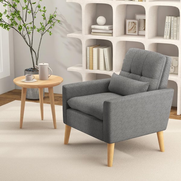 FORCLOVER Comfy Modern Gray Accent Chair with Lumbar Pillow and Natural Rubber Wood Legs