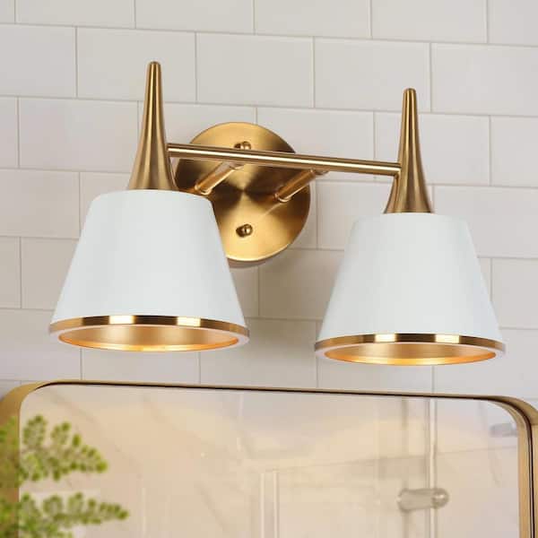 LNC Blanche Modern Minimalist 14 in. 2-Light Brass Gold Vanity Light Metal Wall Sconce with Taper Drum Matte White Shade