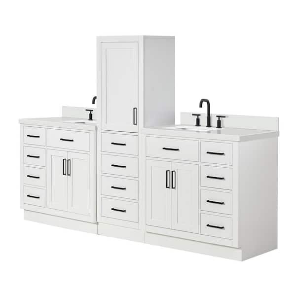 Hepburn 3-Piece 94 in. Wide Double Sink Bath Vanity And Linen Cabinet Set In White With Pure White Quartz Top