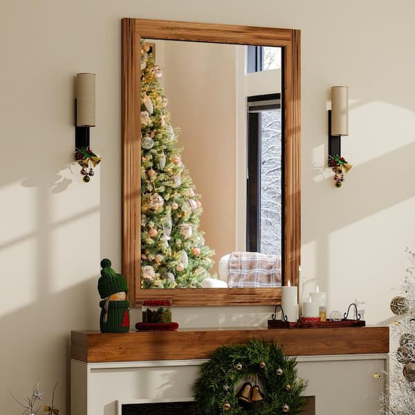 XRAMFY 24 in. W x 36 in. H Rectangular Classic Brown Wooden Framed Bathroom Vanity Mirror Wall Mirror