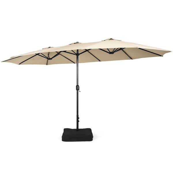 Costway 15 ft. Double-Sided Twin Metal Market Patio Umbrella with Crank and Base in Beige
