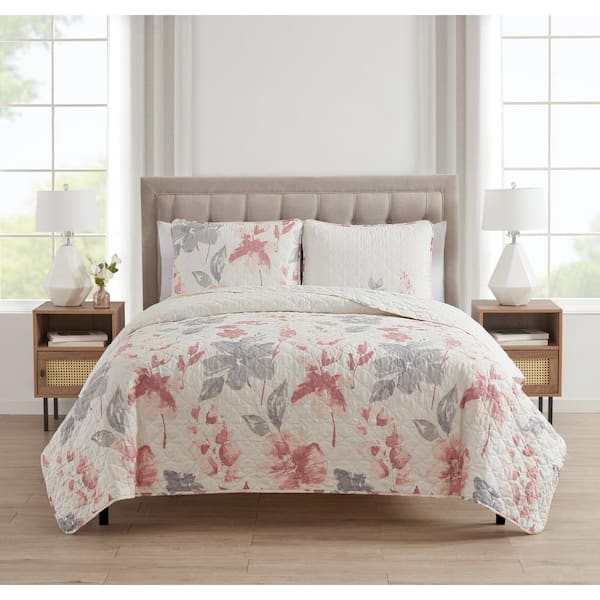 Morgan Home Heather Floral 3-Piece Ivory/Blush Microfiber Full/Queen Quilt Set