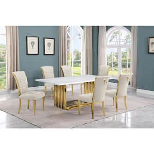 Lisa 7-Piece Rectangle White Marble Top Gold Stainless Steel Dining Set With 6-Cream Velvet Gold Iron Leg Chairs