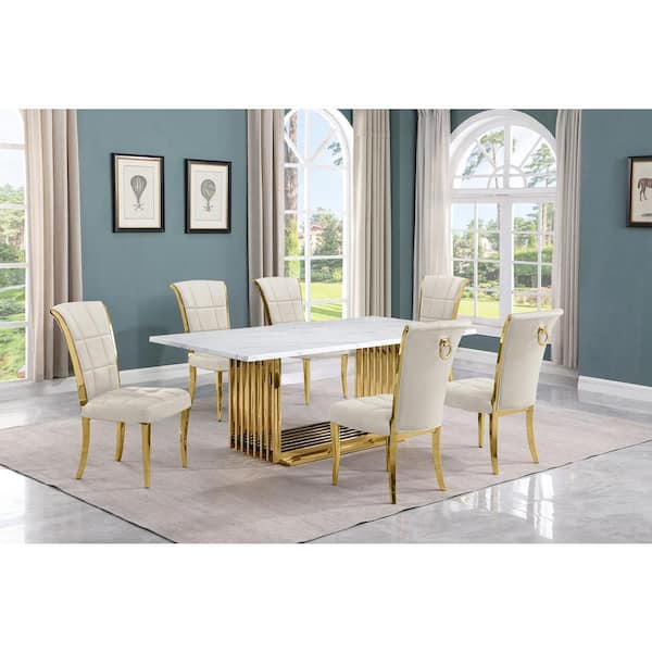 Best Quality Furniture Lisa 7-Piece Rectangle White Marble Top Gold Stainless Steel Dining Set With 6-Cream Velvet Gold Iron Leg Chairs