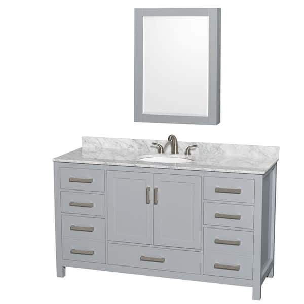 Wyndham Collection Sheffield 60 in. W x 22 in. D x 35 in. H Single Bath Vanity in Gray with White Carrara Marble Top and MC Mirror