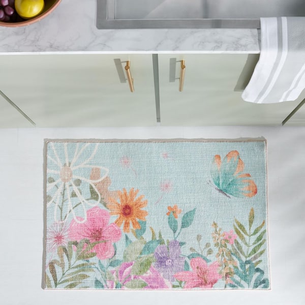 Door And Kitchen Mat Aqua/Pink 2 ft. x 4 ft. Machine Washable Floral Garden Area Rug