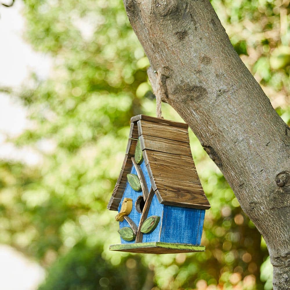 Distressed Blue Wooden Birdhouse with 3D Tree and Slatted Roof
