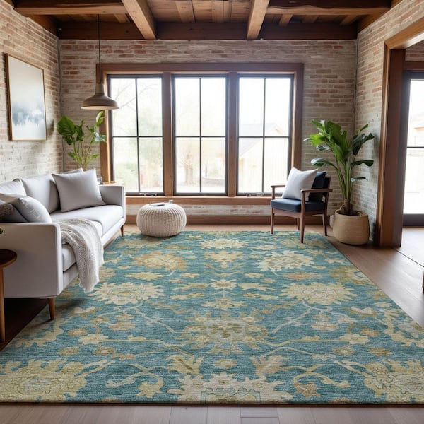 Mayfield Premium Machine Washable Abstract AMF1150 Teal 3 ft. x 5 ft. Area Rug