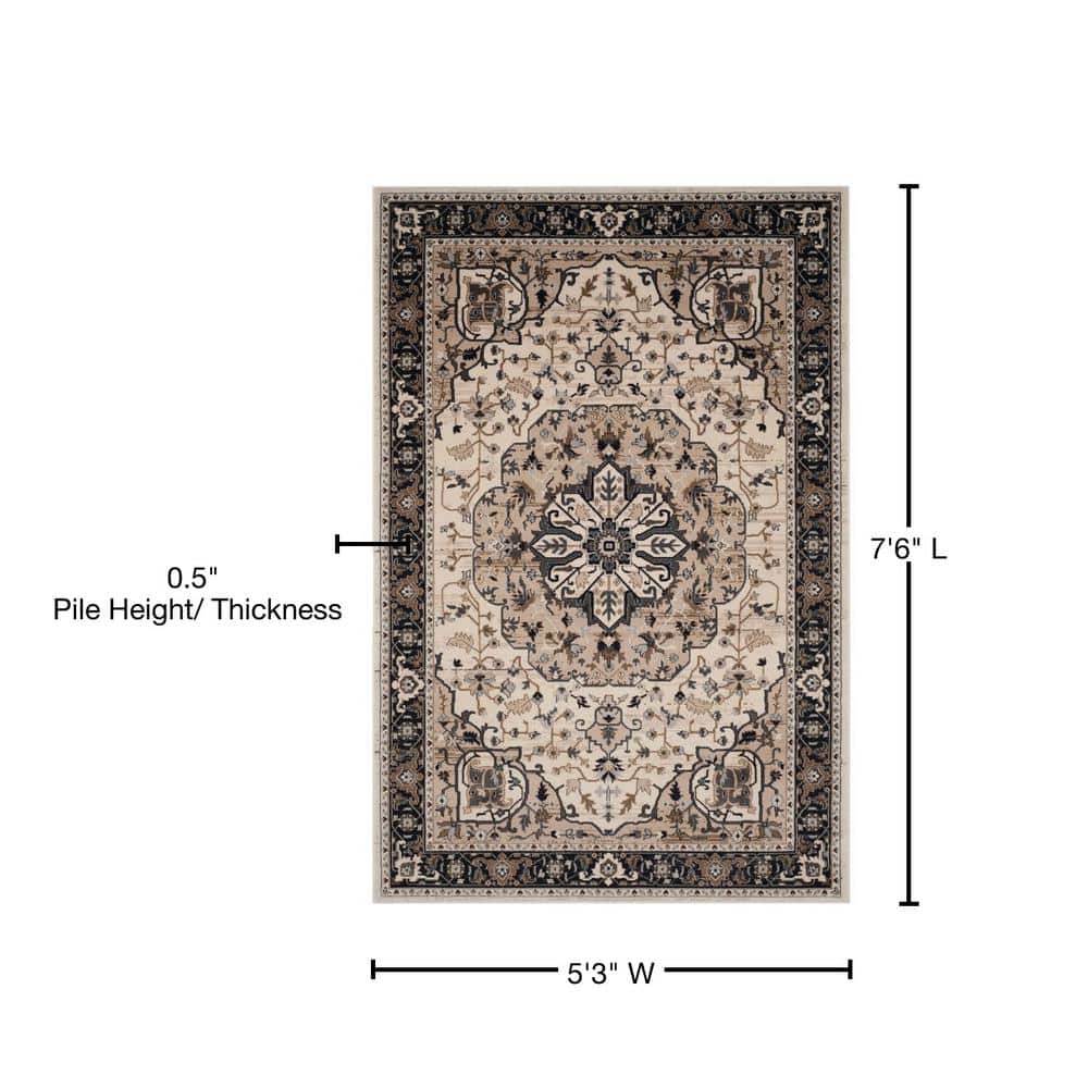 Cream and Navy Floral Rectangular Area Rug, 12' x 15'