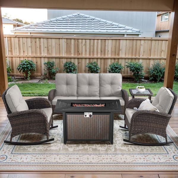 Brown 5-Piece Wicker Patio Fire Pit Set, Outdoor Sofa Seating Set with Olefin Beige Cushions and Rocking Chairs