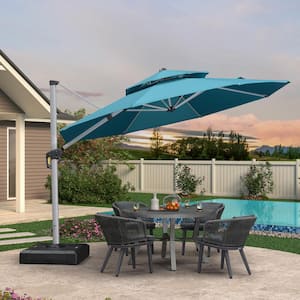 11 ft. Octagon High-Quality Aluminum Cantilever Polyester Outdoor Patio Umbrella with Base, Turquoise Blue
