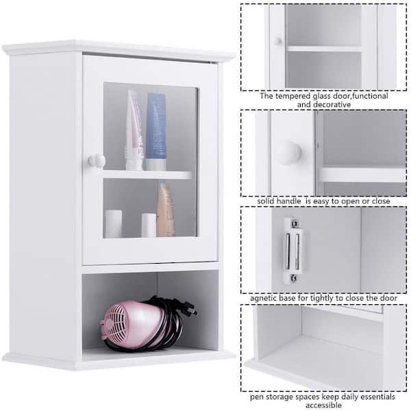 ANGELES HOME 14 in. W x 7 in. D x 20 in. H White Bathroom Wall Cabinet with Adjustable Shelf and Tempered Glass Door SA59-9HW318