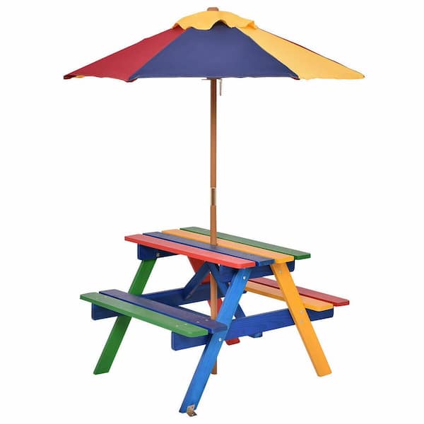 Unbranded Rectangular Wood Kids Picnic Table with Bench and Umbrella (4-Seat)