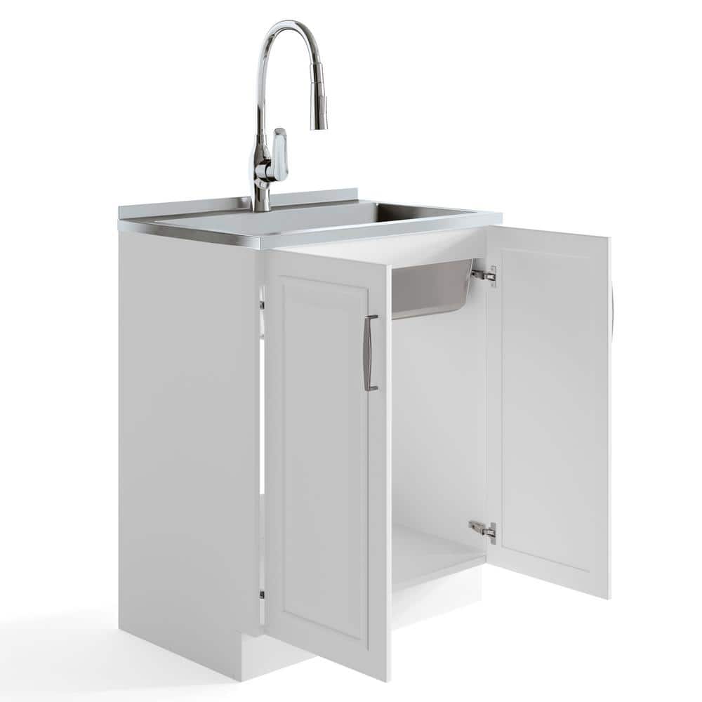 Darwin 28" White Laundry Cabinet with Stainless Steel Sink