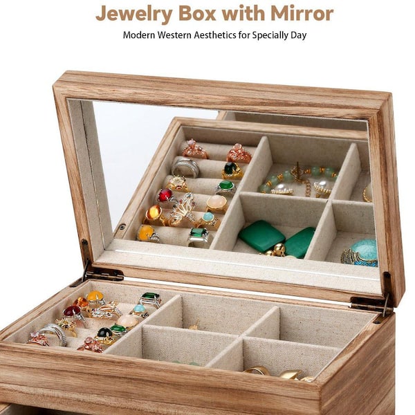 Carbonized Brown 2 Layer Rectangular Rustic Wooden Jewelry Box
