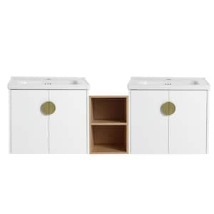 60 in. Wall Mounted Bath Vanity with Soft Close Doors and White Ceramic Top in White