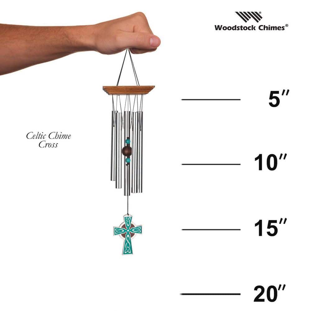 Teak Finish Pine and Silver Celtic Cross Wind Chime