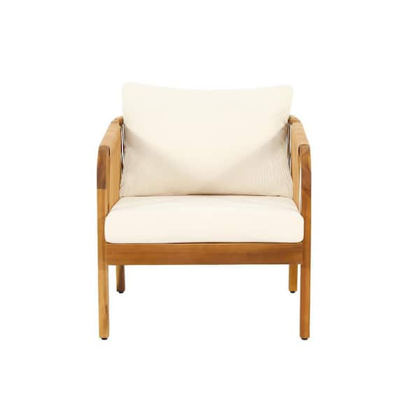 Unbranded 1-Piece Brown Acacia Wood Outdoor Lounge Chair with Beige Waterproof Thick Cushions for Garden, Backyard Porch Balcony