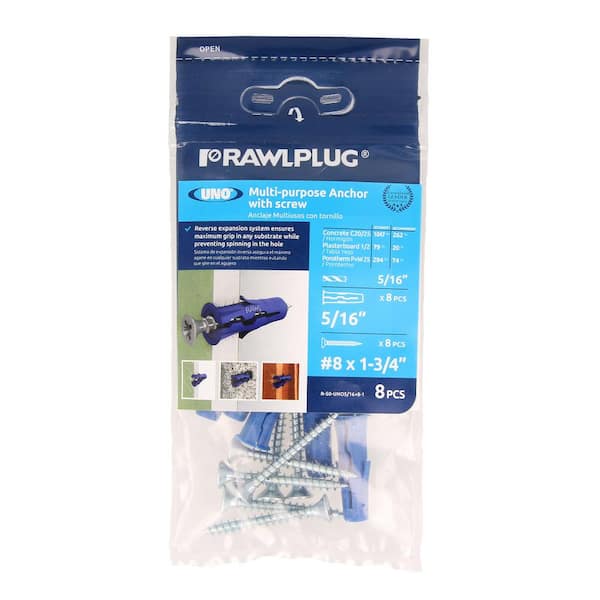 Uno Multi-Purpose Drywall Anchors 5/16 with Screws #9 x 1-3/4 20 lbs. (Pack of 8)