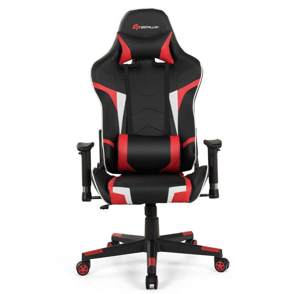 Red Faux Leather Game Chair with Adjustable Arms and Massage Lumbar Cushion