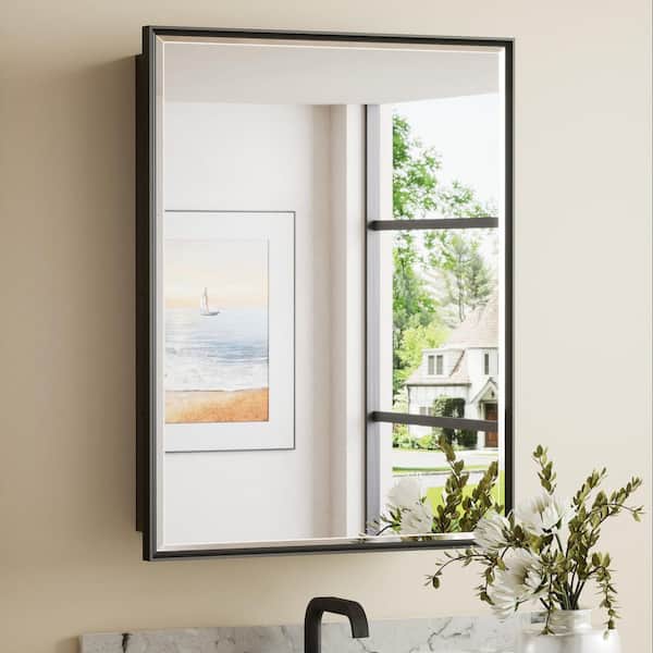 21 in. W x 27 in. H Rectangular Black Metal Framed Beveled Surface Mount/Recessed Medicine Cabinet with Mirror