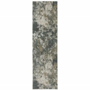 Teal Grey Tan and Beige 2 ft. x 8 ft. Abstract Power Loom Stain Resistant Runner Rug
