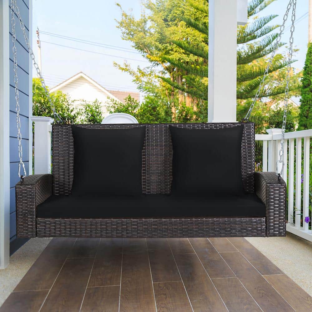 Black Wicker 2-Person Patio Swing with Cushions