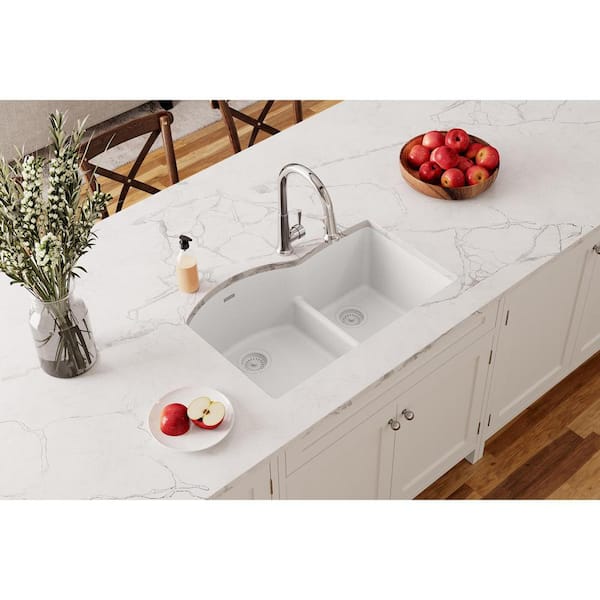 Quartz Classic 33 in. Undermount Offset 60/40 Double Bowl White Granite/Quartz Composite Kitchen Sink Only