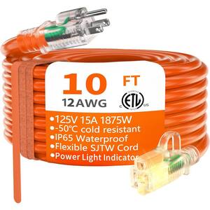 10 ft. 12/3 Heavy Duty Outdoor Extension Cord Waterproof with Lighted end 15Amp 1875W 12AWG SJTW ETL Orange